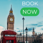 London parliament building bell tower and red phone box with Book Now text